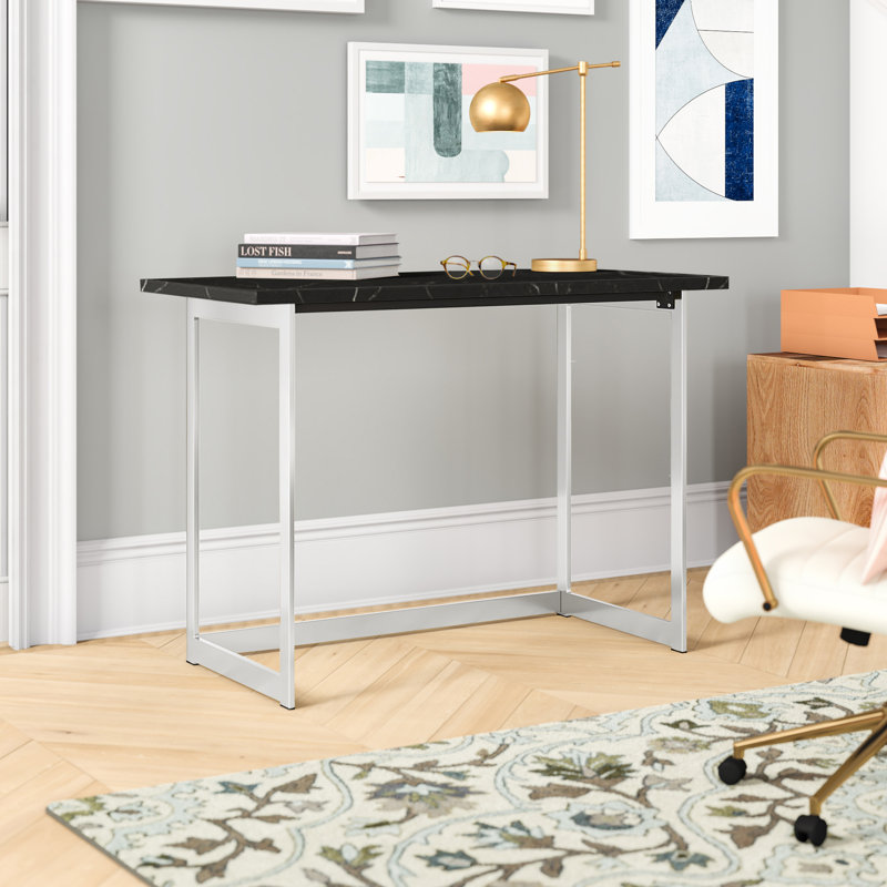 Celetha Metal Base Writing Desk, Faux Black Marble/Silver