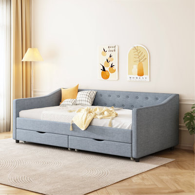 Lit de jour simple avec tiroirs, canapé-lit capitonné, avec boutons sur le dos et passepoil sur les accoudoirs ondulés - Gris clair