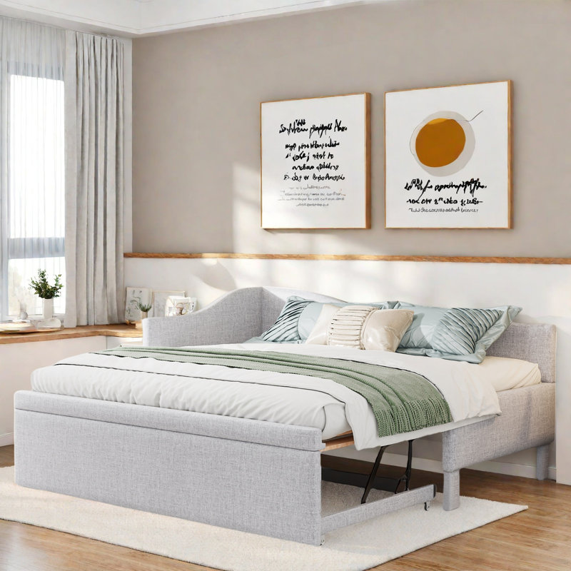 Upholstered L-shaped Upholstered Daybed With Pop Up Trundle, Beige
