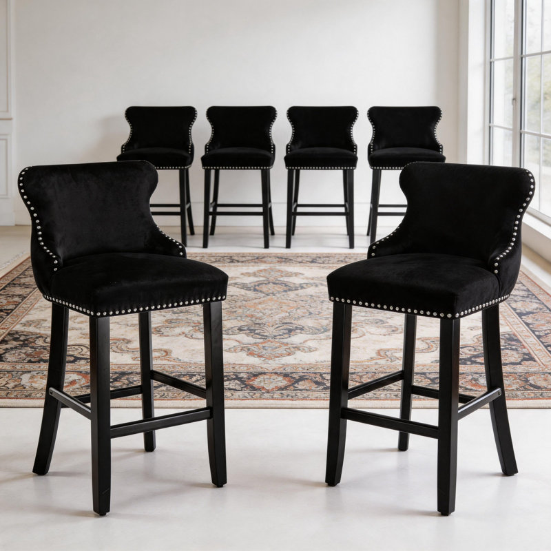 Ensemble de 6 tabourets de bar en velours à oreilles, Noir, noir, noir, noir
