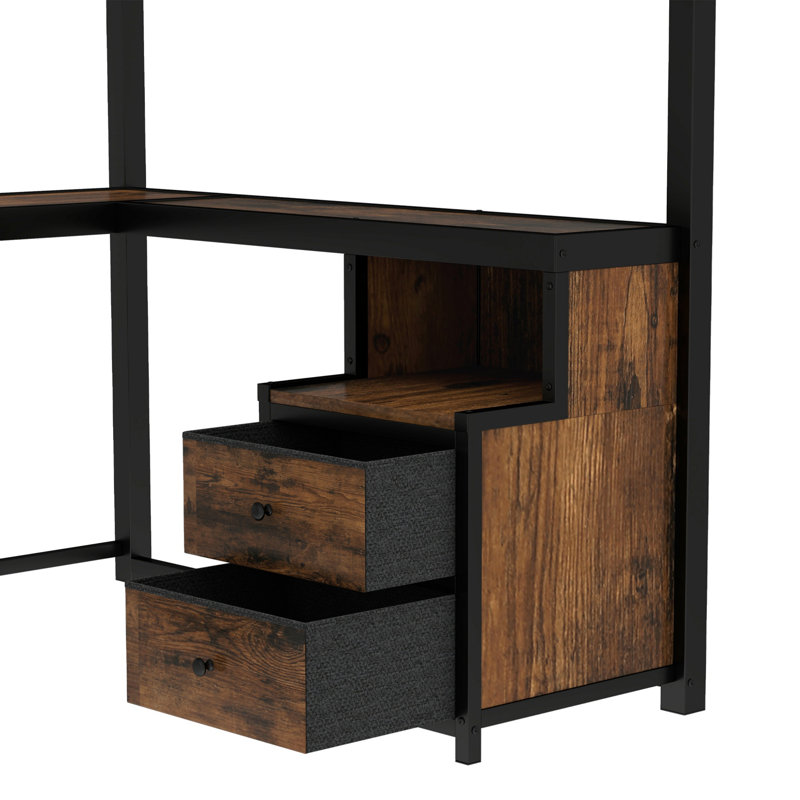 Queen Metal Loft Bed with Desk, Shelves and Non-Woven Fabric Drawers, Queen