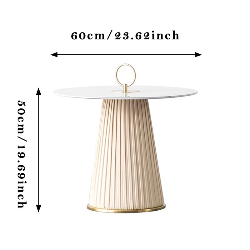 Luxurious Gold-Trimmed Pleated Marble Round Coffee Table, 19.6" H x 23.6" W x 23.6" D