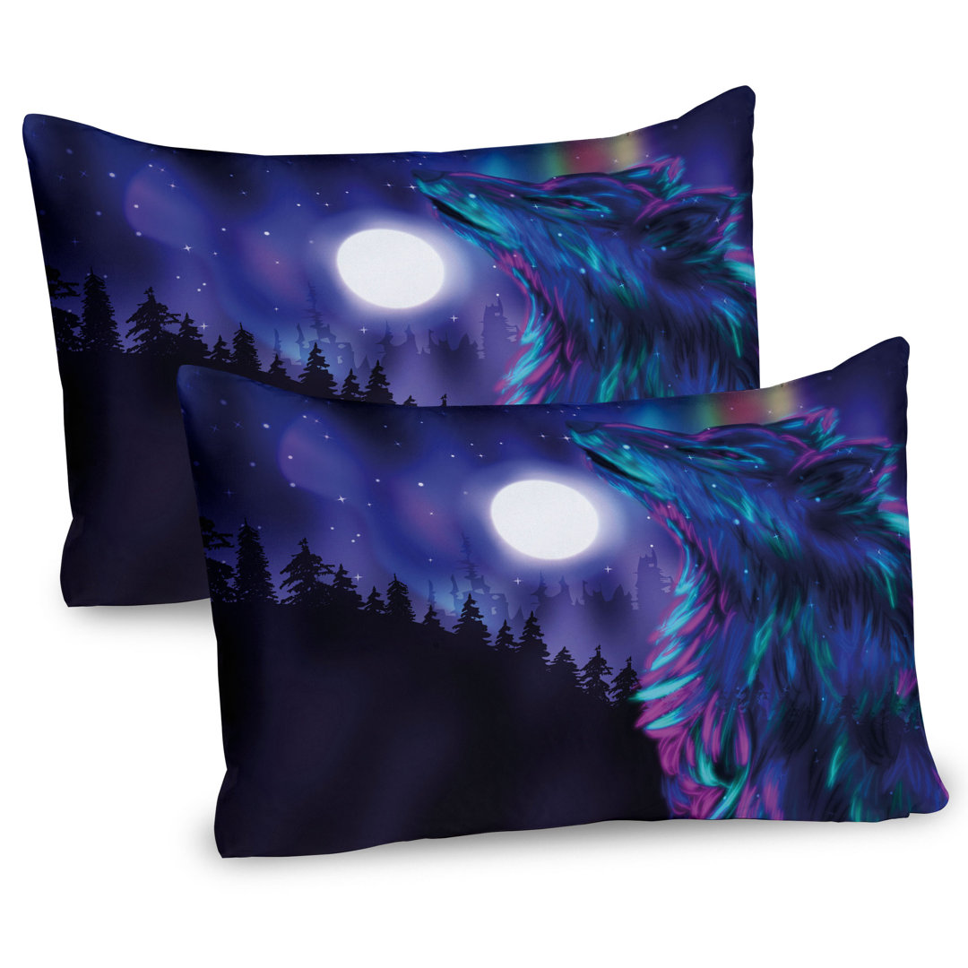 Kissenbezug Packung mit 2, Aurora Borealis und Wolf, Indigo Aqua Magenta