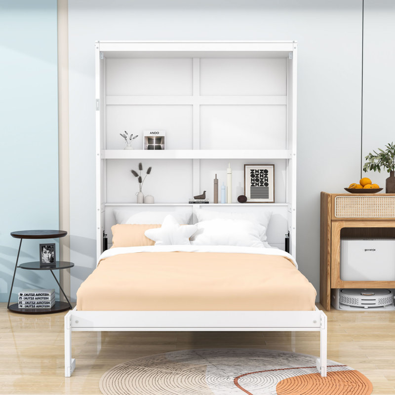 Lit escamotable double avec tablettes intégrées, mécanisme de levage à double piston, Blanc