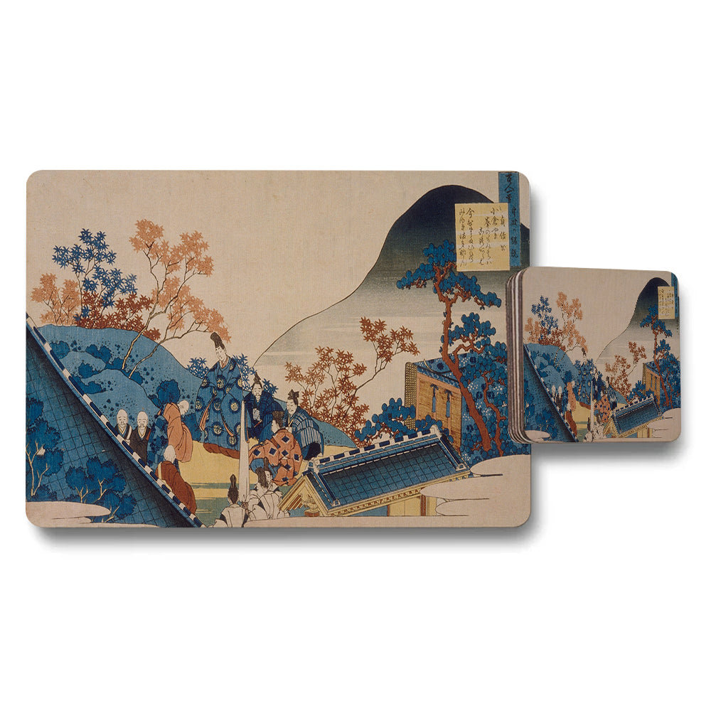 Mount Fuji Ukiyoe Placemats And Coaster Set With Scenic Village Scene