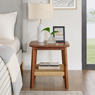 Alisma 20" Acacia Wood End Table with Woven Shelf, Warm Chestnut