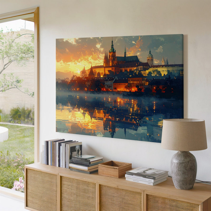 Art mural sur toile, crépuscule, château, réflexion, horizon européen romantique au crépuscule, prêt à être accroché à la galerie, décoration moderne