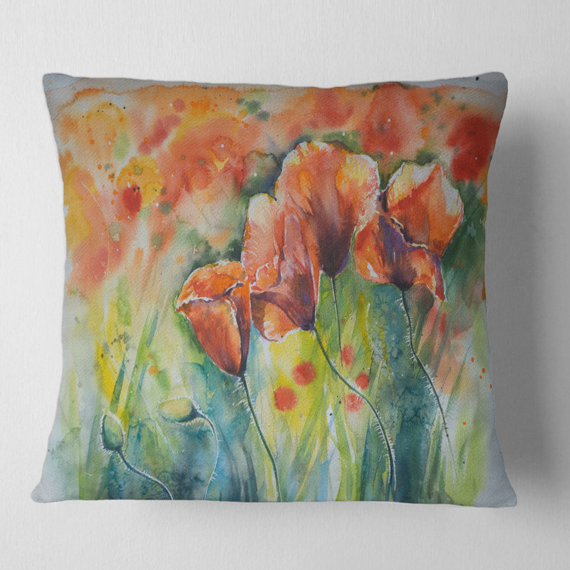Red Blossoming Poppies - oreiller traditionnel imprimé, 16" x 16"