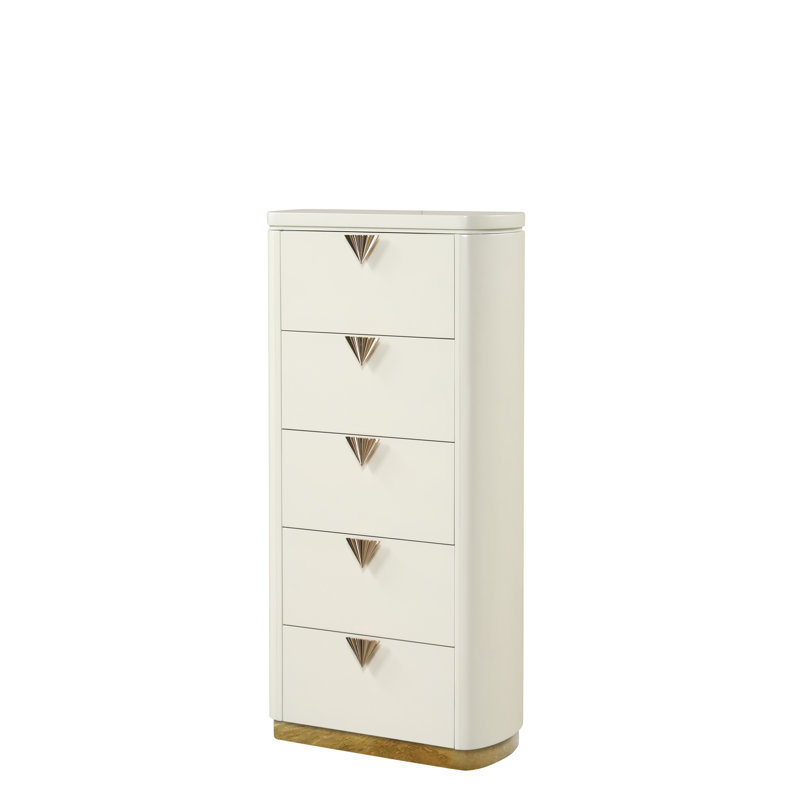 Commode à 5 tiroirs de style moderne La Pierre en bois, miroir à dessus ouvert et accents dorés en beige