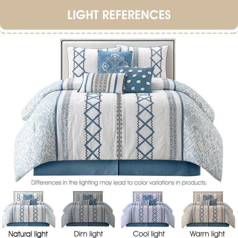 Ensemble d'édredon en microfibre 15 pièces Anthony Taupe, Édredon très grand californien + 14 pièces supp, Bleu
