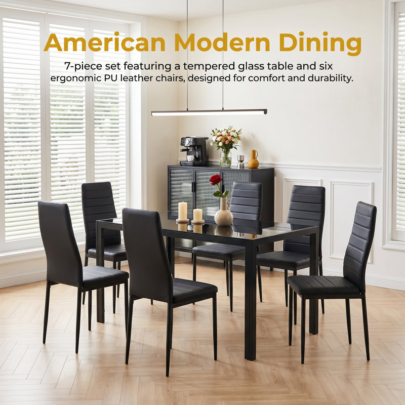 7-Piece Modern Design Timeless Kitchen Dining Glass Table And Chair Sets, Black