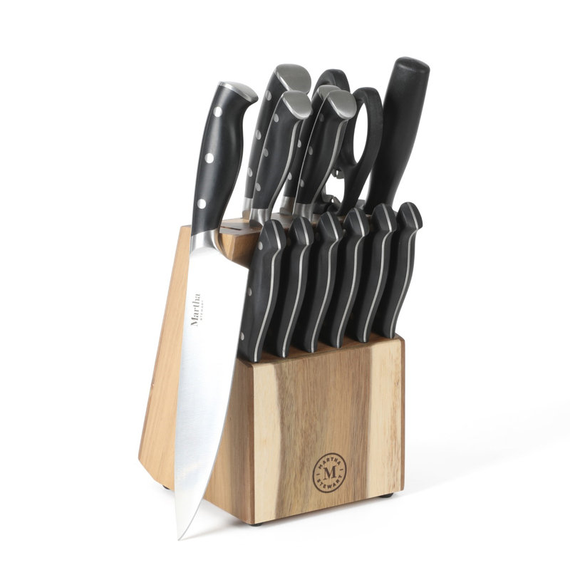 14-Piece Stainless Steel Knife Set with Black Handles and Wood Block