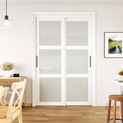 96 Inch White 3-Lite Frosted Tempered Glass Sliding Closet Door with Hardware & King Size Handles