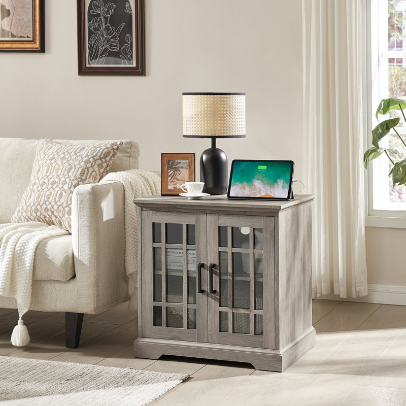 Jaimar 24"W Farmhouse Square End Table with Charging Station&Adjustable Storage Shelf, Gray Wood, Gray
