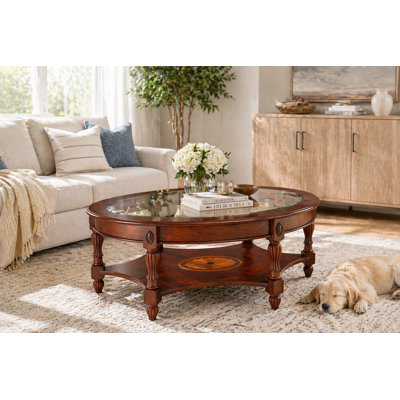 Elinar Traditional Oval Wood Coffee Table with Tempered Glass Top