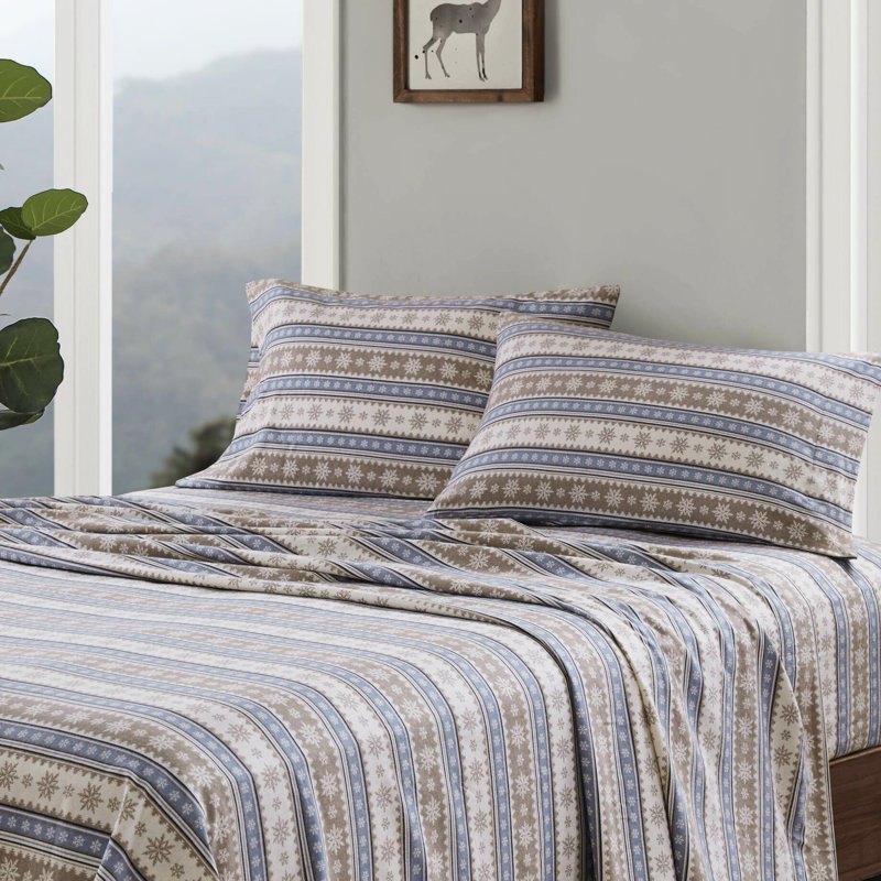 3 Pcs Twin Sheet In 100% Cotton Flannel With Blue Snowflake, Twin/Full Fitted For 12" Mattress, Queen/King/ King 14", Fully Elasticized, Machine Washable, - Snowflake Made From Flannel, Brushed Both