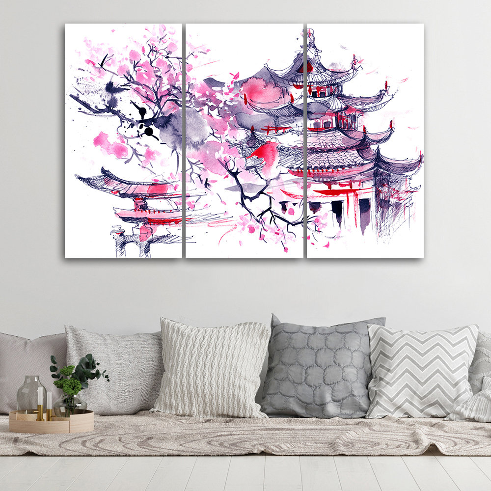 Leinwandbild Pagoda Cherry Tree Japan Painted