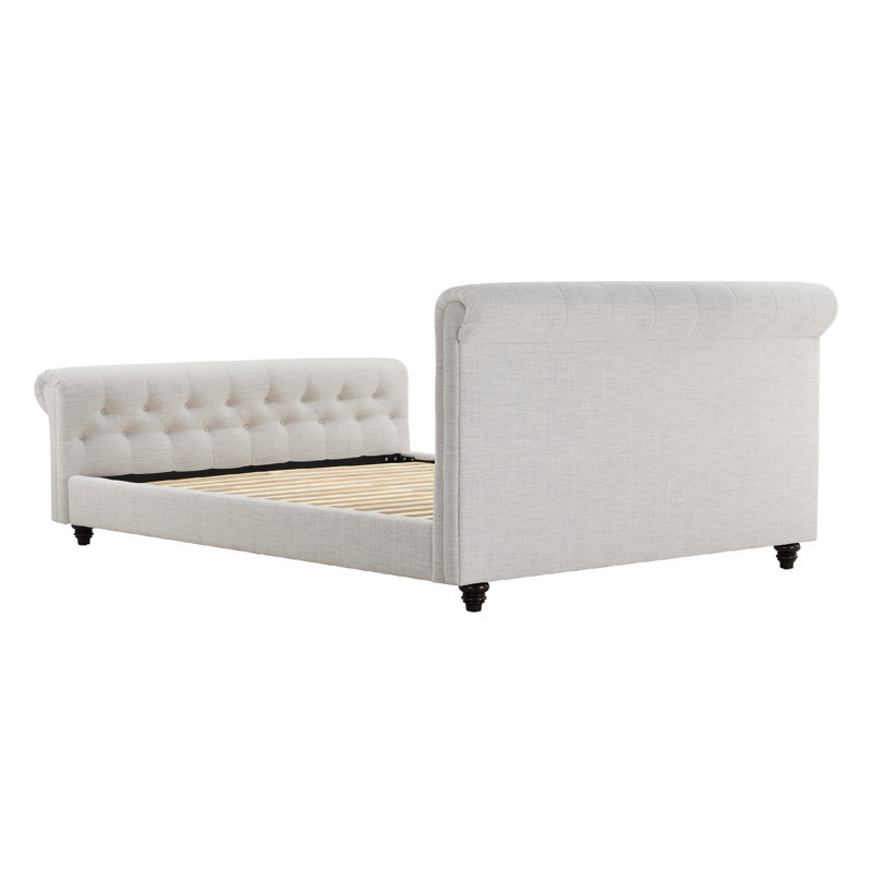 Jennifer Waverly Rolled-Arm Diamond-Tufted Upholstered Platform Bed with Birch Wood Legs, King, Prestige Ivory