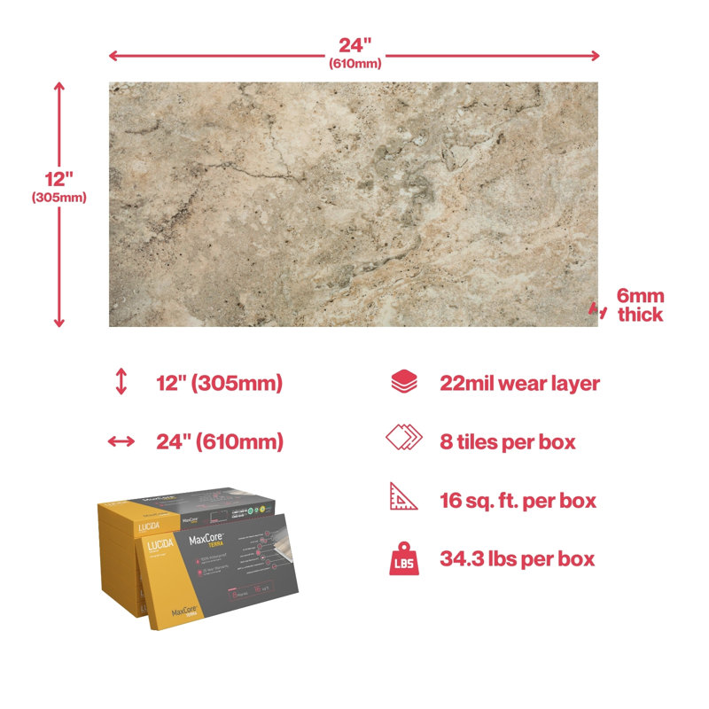 Carrelage en vinyle MaxCore Terra 22 mil x l 12 po x L 24 po, Travertin