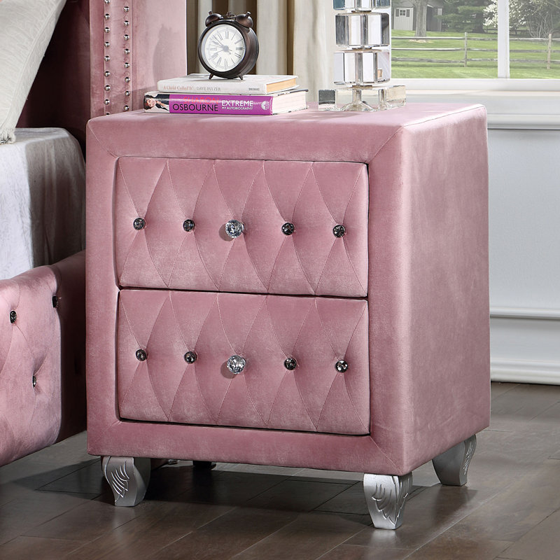 Table de chevet rose avec poignée en cristal acrylique, rangement de chambre à 2 tiroirs | Idée de cadeau