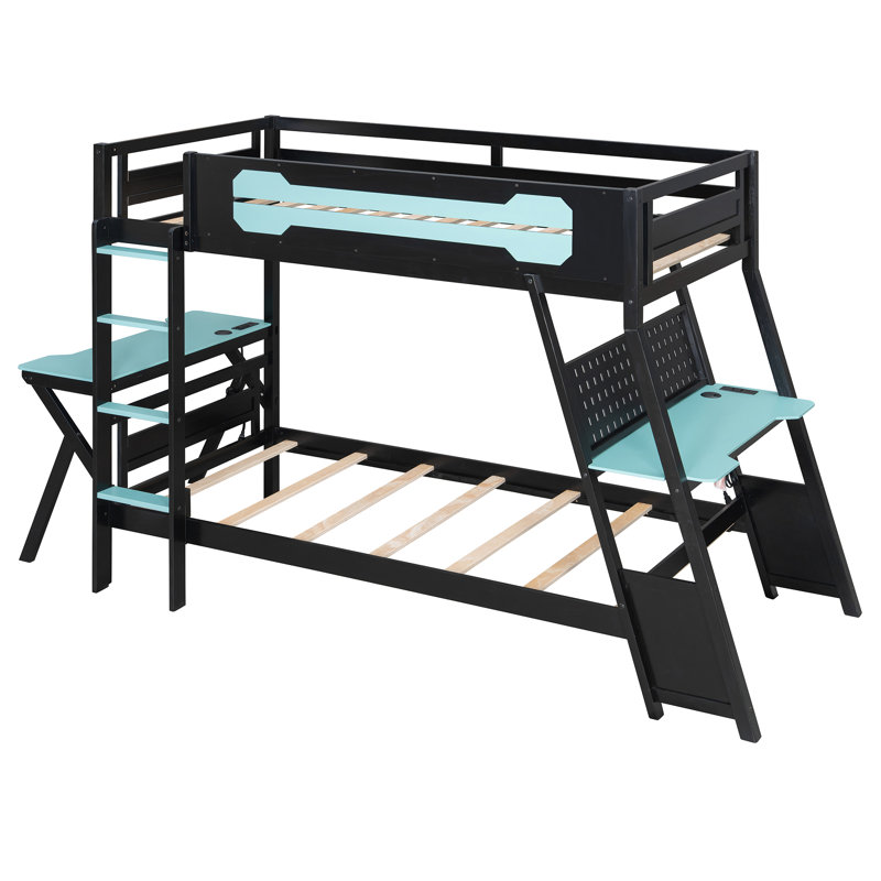 Twin Size Bunk Bed with Two Built-In Gaming Desks, USB Desktop Ports & Pegboard Organizer, Gaming Bunk Frame for Gamer, Cloud Blue