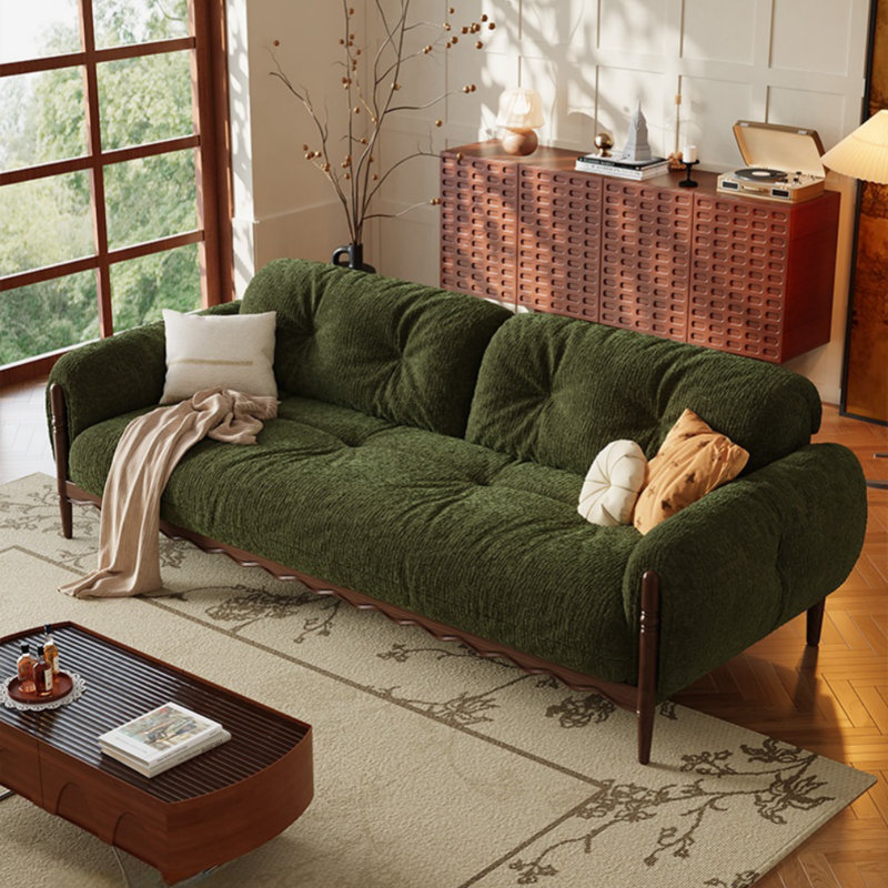 French Vintage Solid Wood Chenille Sofa, Green