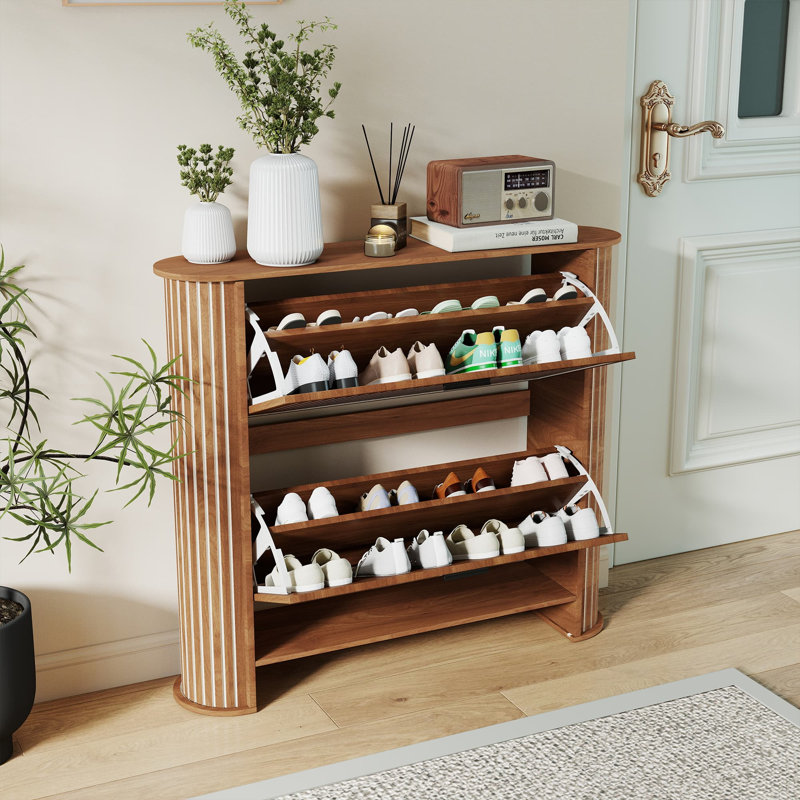 Slim Shoe Storage Cabinet for Entryway, Fluted Shoe Cabinet with 2 Flip Drawers, Hidden Shoe Rack Organizer