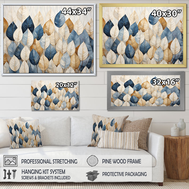 «Beige and Blue Minimalisme Leaves Collage I», art mural pour salon, H 24 po x l 32 po x P 1 po, Toile tendue