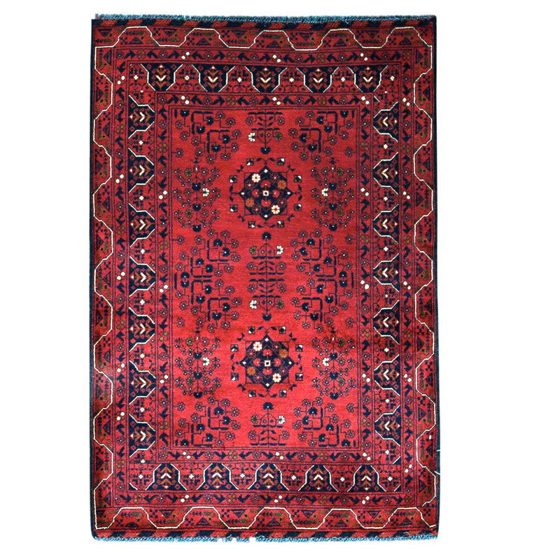 Tapis rouge / bleu en laine noué à la main de conception unique 3 pi 3 po x 4 pi 9 po