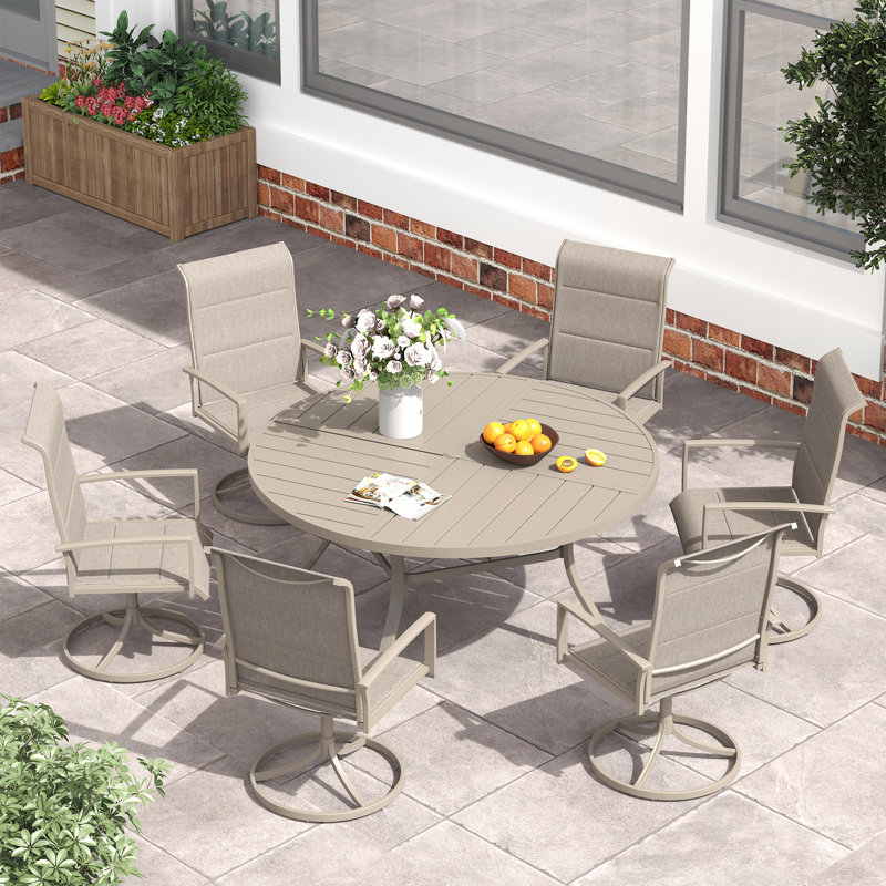 6-Person Patio Dining Set with Round Patio Dining Table and Padded Swivel Chairs, Cream/Sandshell