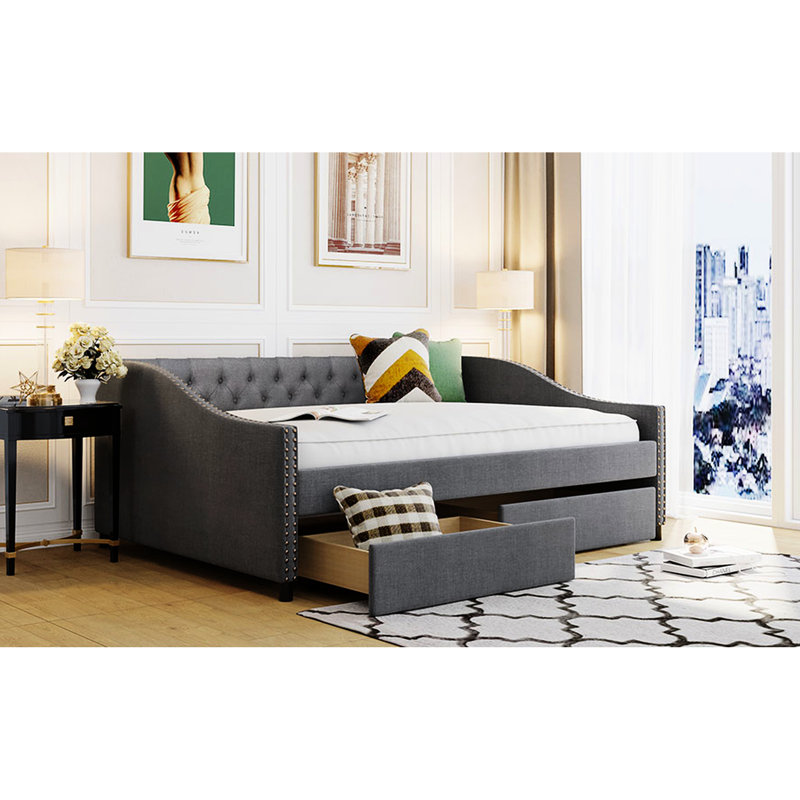 Gray Upholstered Daybed With Two Drawers, Strong Base Build System Solid Construction