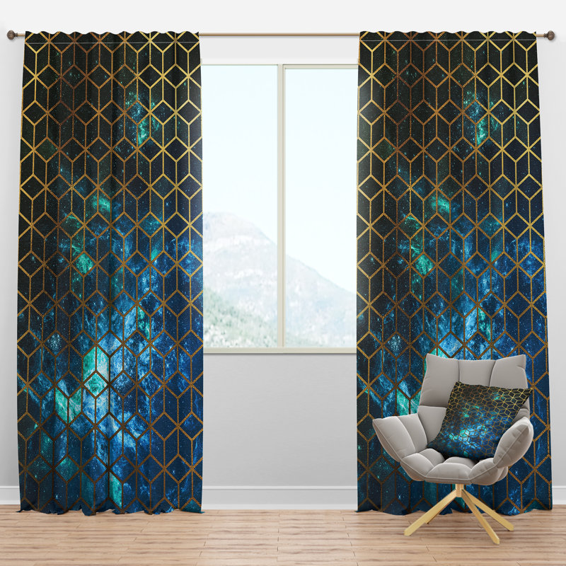 Panneau de rideau simple semi-diaphane avec passe-tringle Cubes over Cosmic, l 52 po x L 63 po, Bleu