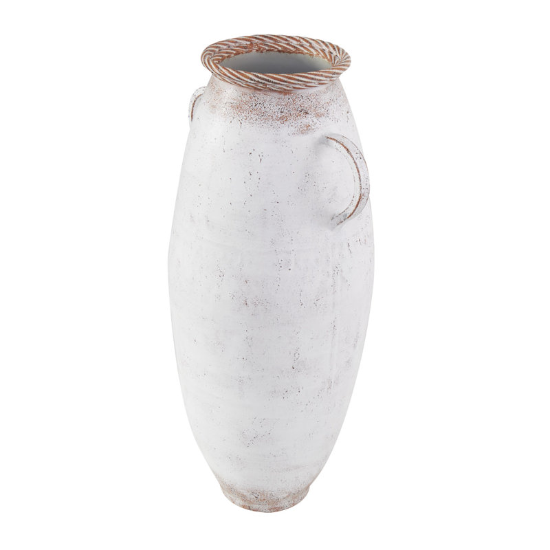 Brendyn Metal Antique Style Decorative White Vase with Terracotta Accents and Handles, 23.5H x 13W x 9D