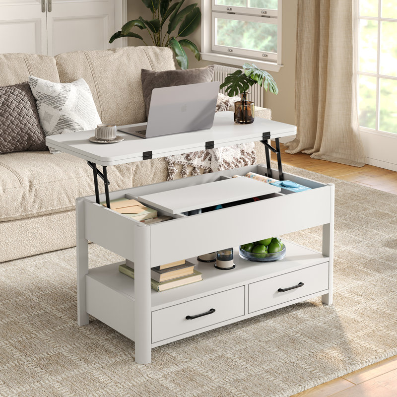 Table basse à plateau relevable moderne avec rangement caché et 2 tiroirs, table basse rectangulaire avec bords arrondis pour le salon