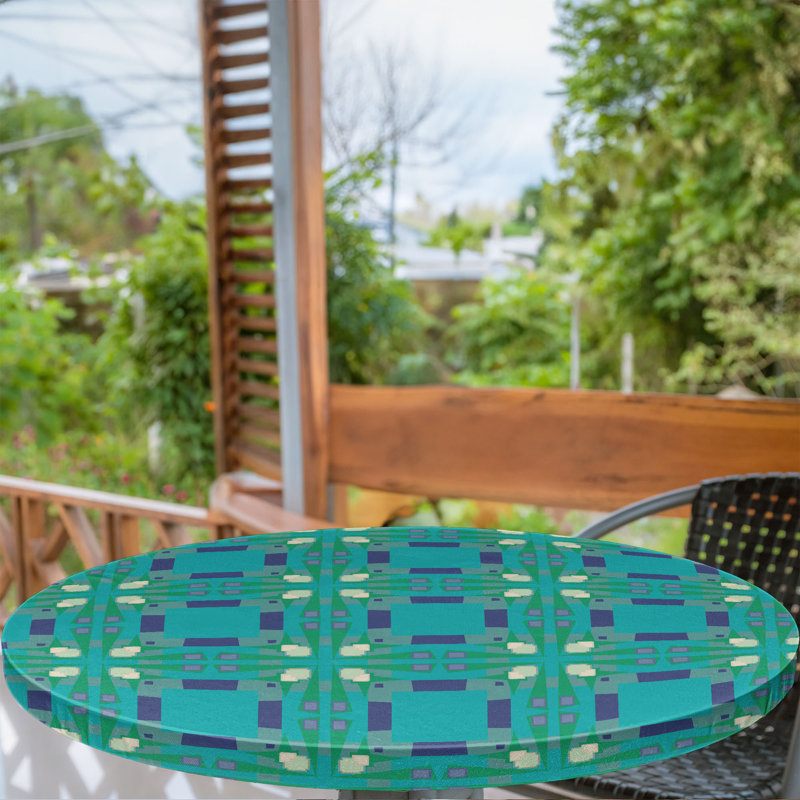 Geometric Fitted Round Tablecloth Dark Seafoam Quartz