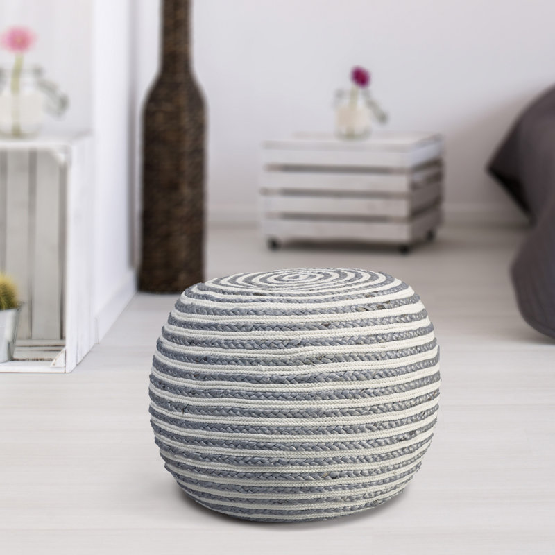 20" Cotton Blend Round Striped Pouf Ottoman, Gray