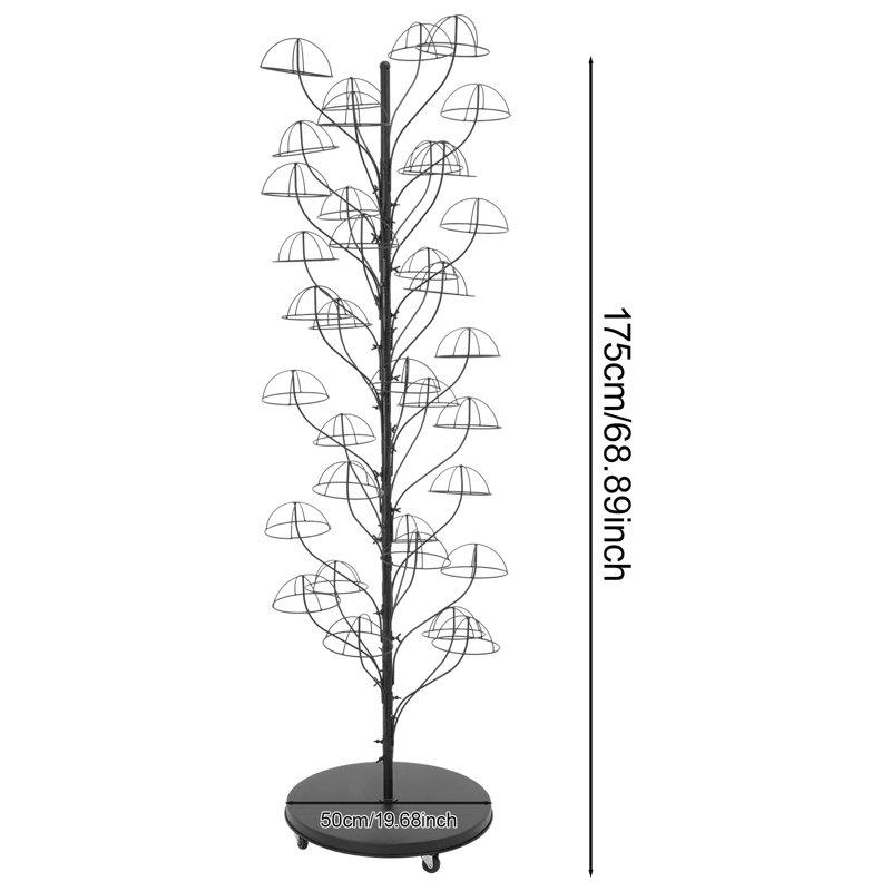 Black 19.69" W x 19.69" D x 68.90" H Tree-Like Hat Rack, 35-Tier Metal Boutique Display Stand with Dome-Shaped Holders, Black