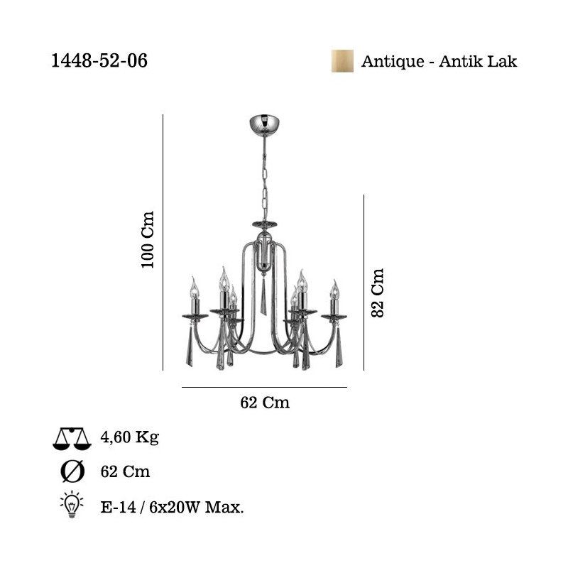 Elegant Antiquation Chandelier, Adjustable Height 27.6 - 37.4 inches | Durable Metal Body, 12 x 12 x 2.4 inches Base Plate | 6 x E14 Socket (Max 40W) | Perfect for Living Room, Dining Room & Entryway Décor