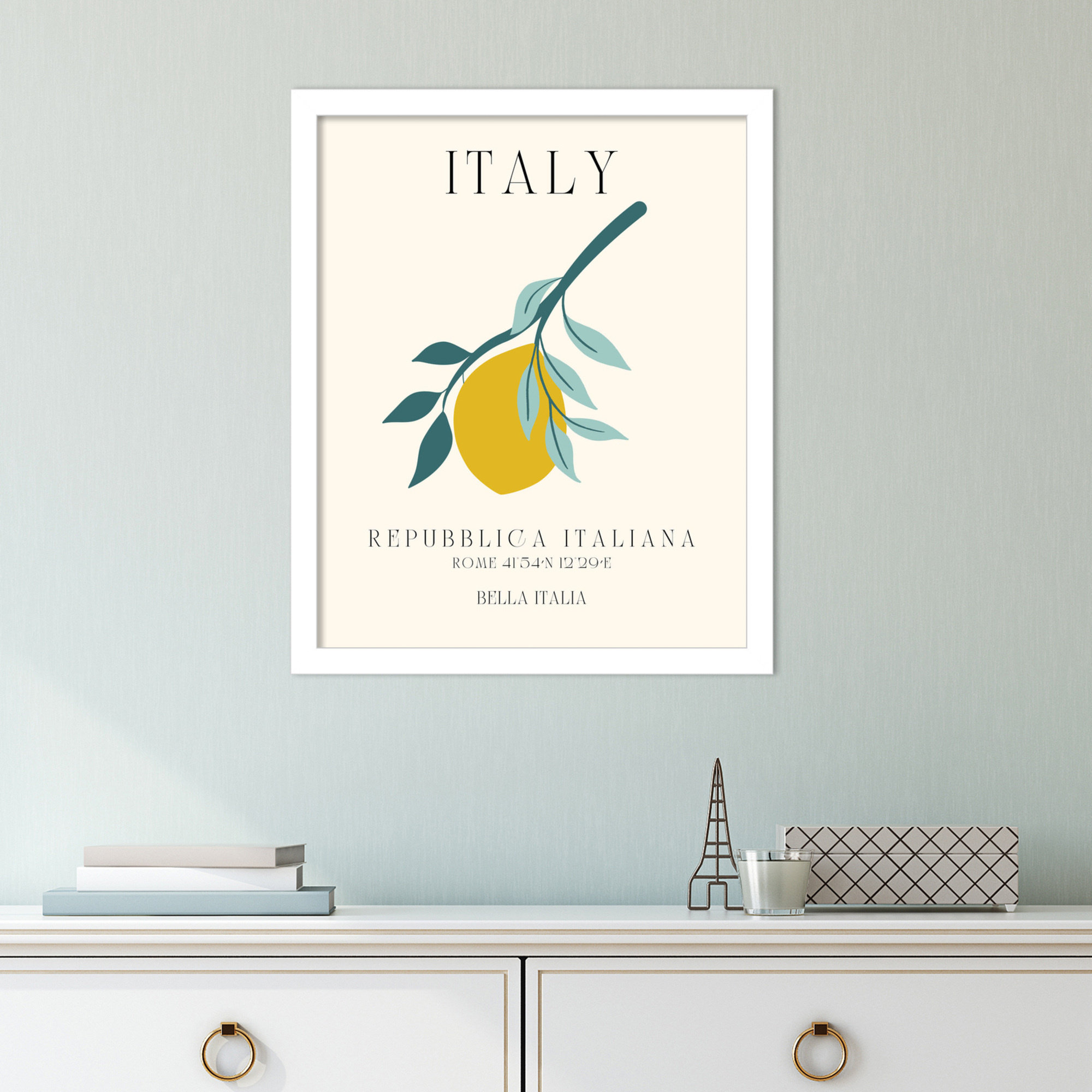 Italy Travel Poster Bella Italia by Chayan Lewis, White Framed, 14" W x 17" H x 1" D