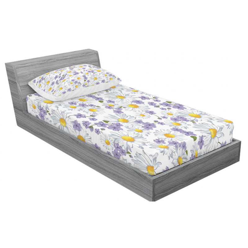 Ambesonne Fitted Sheet & Sham Set, Twin XL Sheet Set with 1 Pillowcase, White/Purple/Yellow Floral 2