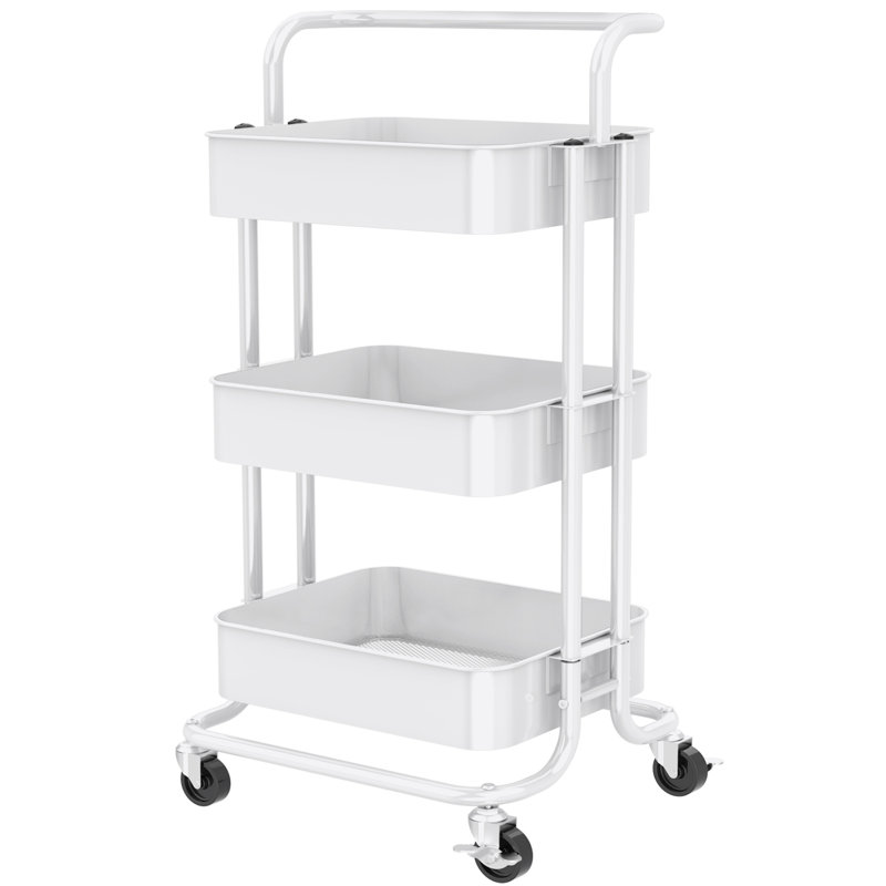 3-Tier Metal Rolling Utility Cart with Handle and Lockable Wheels, Anti-tipping Storage Organizer, White