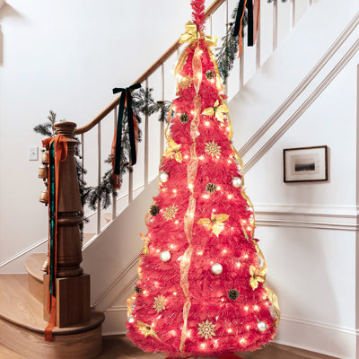 Arbre de Noël rouge de 6 pi avec design escamotable, 150 lumières DEL blanc chaud, 53 décorations, parfait pour les dortoirs des Fêtes, assemblage facile