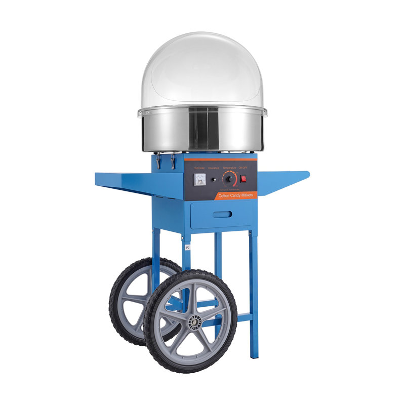 Machine à barbe à papa électrique 1000W avec chariot, bol et couvercle en acier inoxydable, bleu