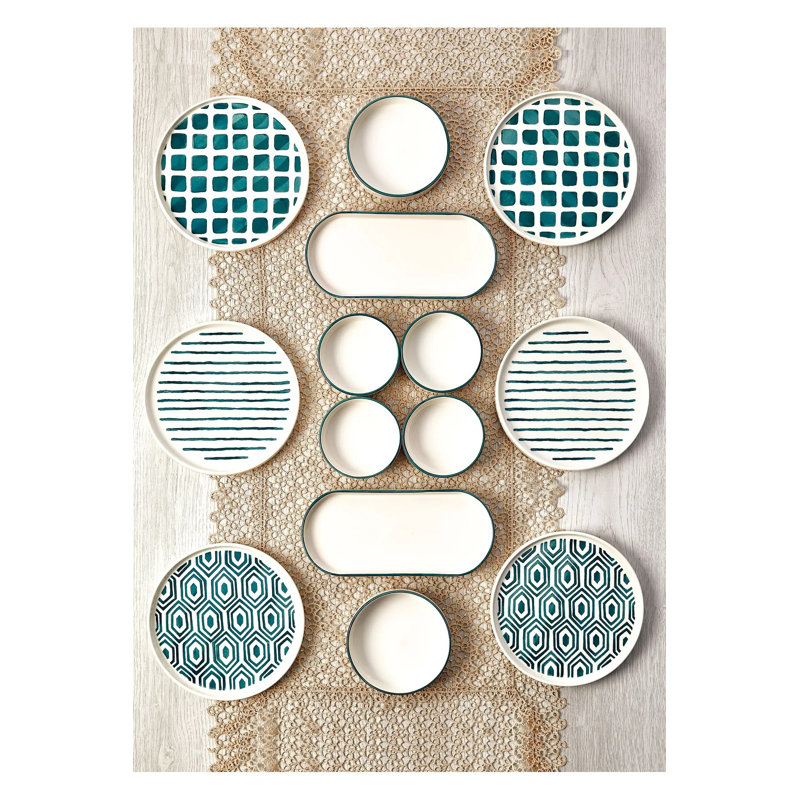 Ensemble de petit déjeuner (14 pièces), Géométrique 2, Vert/blanc