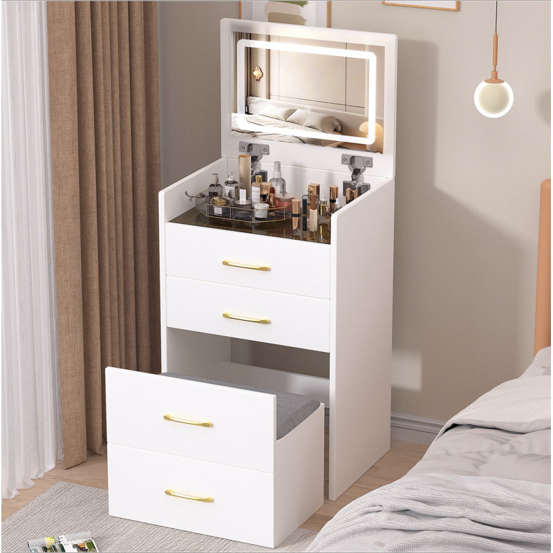 3 in 1 Vanity Desk with open Top Mirror,Compact Makeup Vanity with 3 Drawers