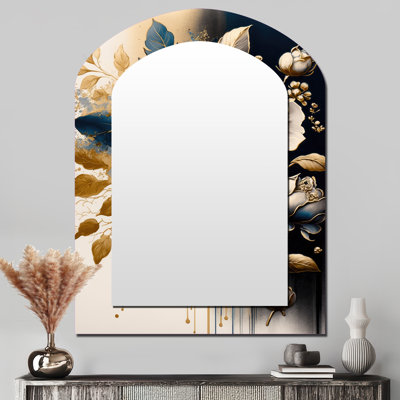 Noir et or Camellia Bouquet I - miroir asymétrique Camellia, miroir mural noir arche unique, impression d'art en métal