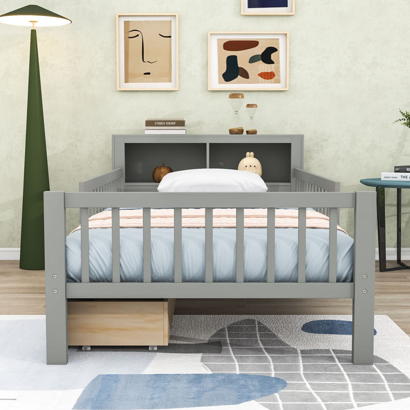 Lit simple avec tiroirs et tablettes de rangement, Gris