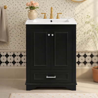 24" Bathroom Vanity with Ceramic Sink Combo, Modern Freestanding Storage Cabinet with Handles, Soft Closing Doors