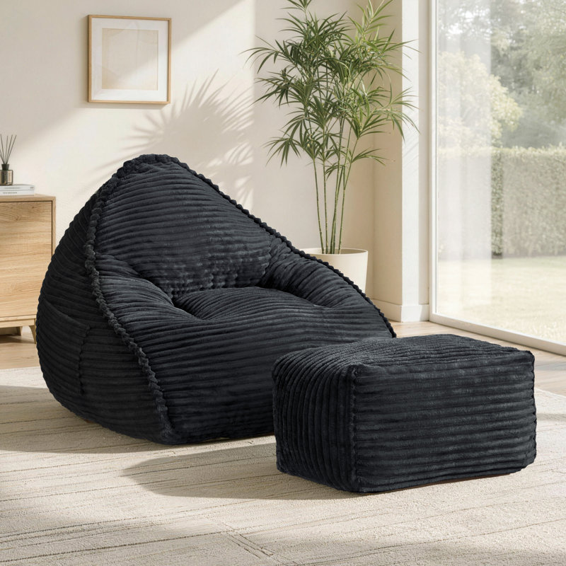 Extra-Wide Bean Bag Chair With Ottoman And Pocket, Black Polyester
