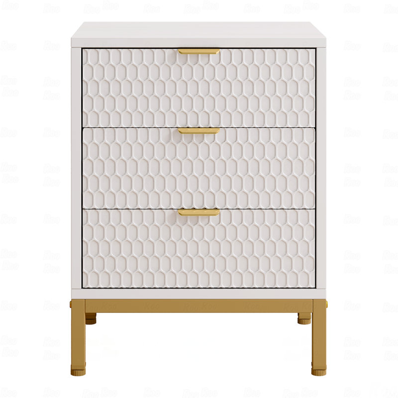 3-Drawer Bedroom Nightstand, 19.7" Modern And Gold, 25.8" Tall Bedside Nightstand Table With Ample Storage, Hexagon Pattern Side Table For Bedroom Or Living Room, Elegant Design Bedroom End Table Nightstand With Metal Base